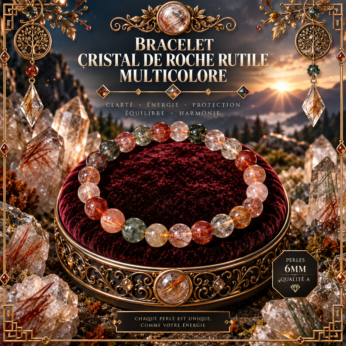 Cristal de roche rutile multicolore 6mm