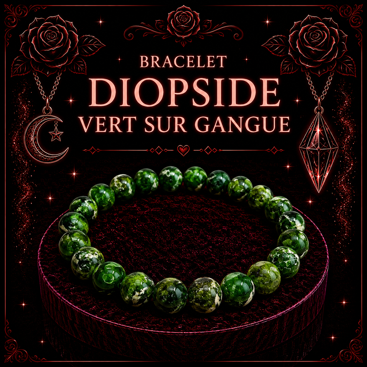 Bracelet Diopside Vert Sur Gangue 8mm