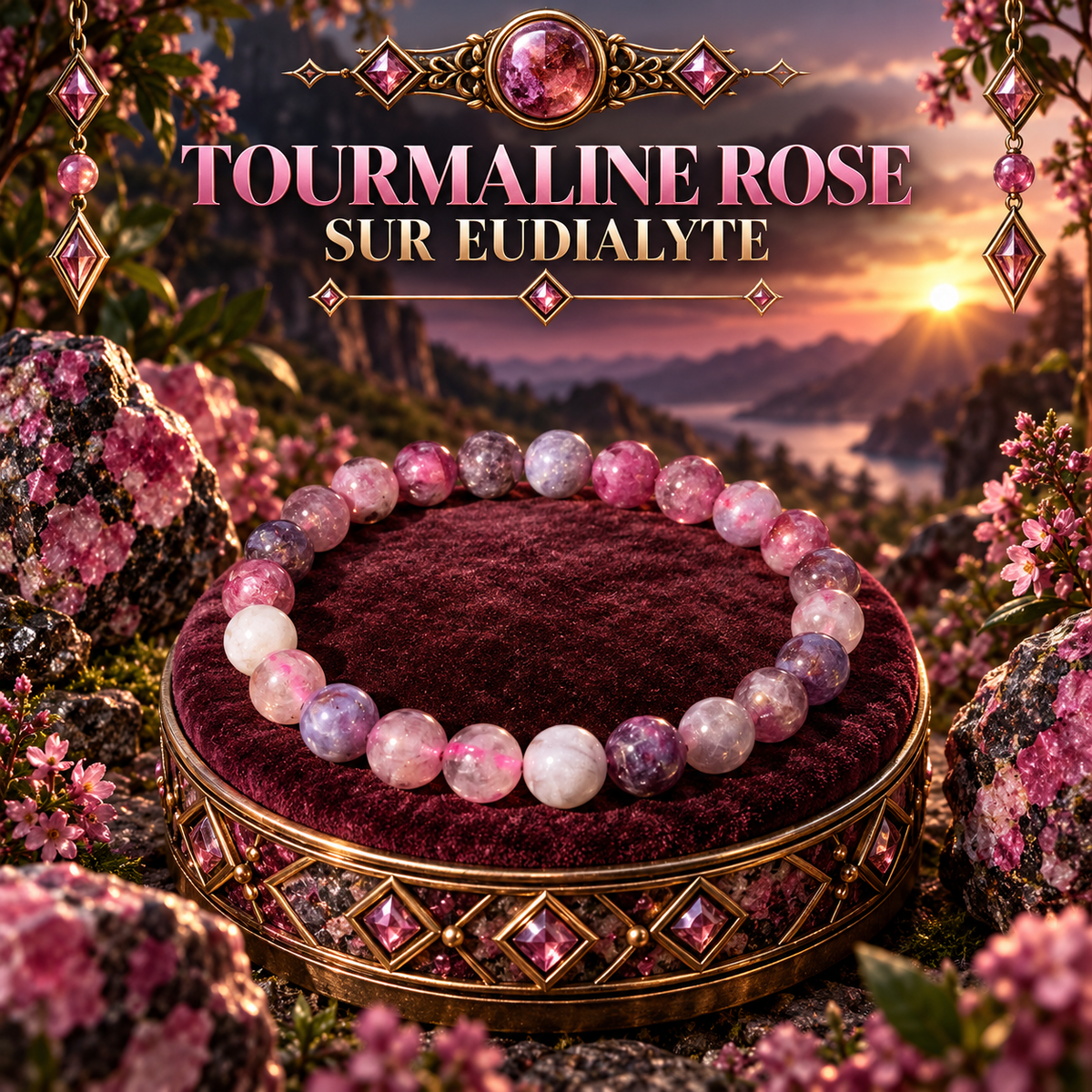 Tourmaline Rose sur Eudialyte 6mm